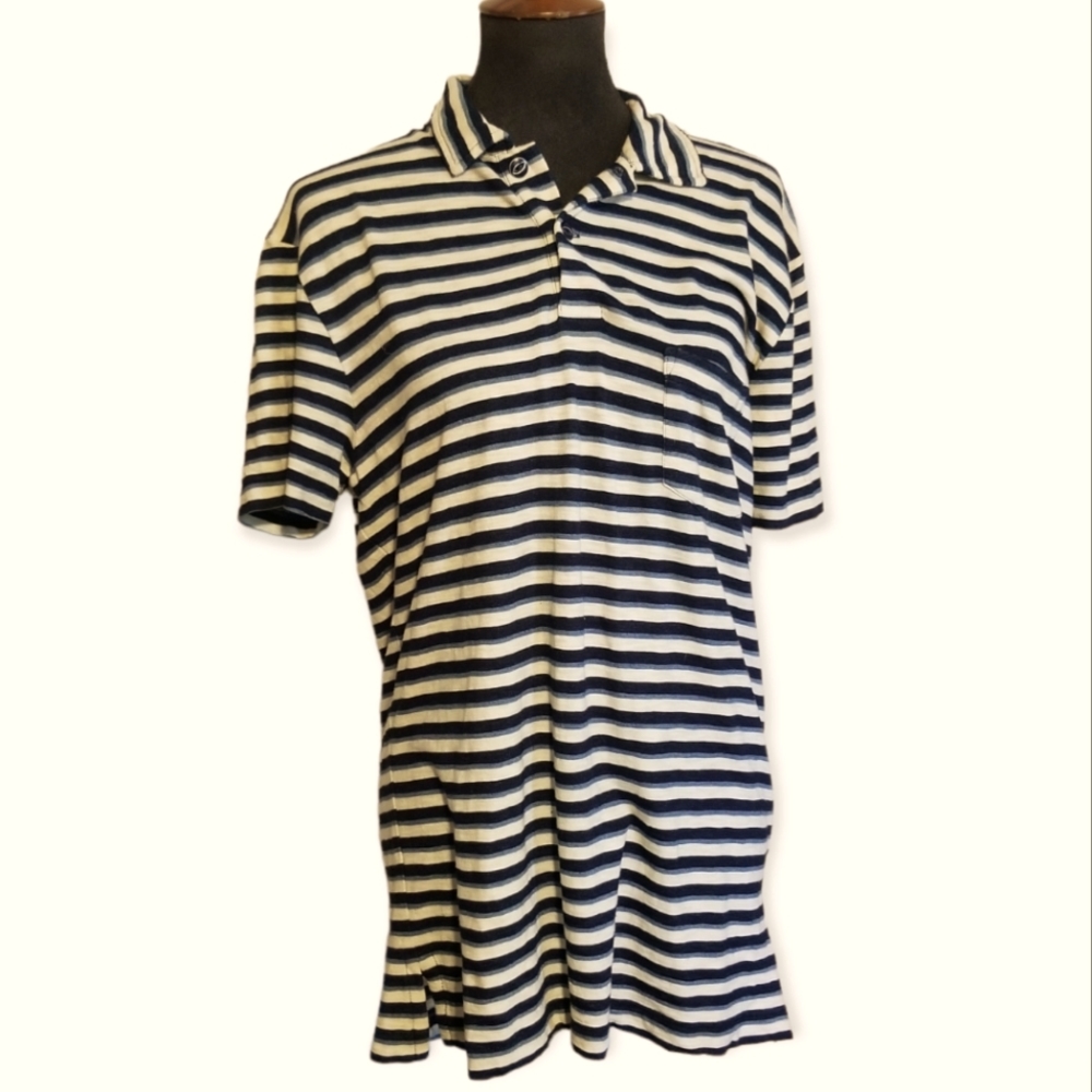 Polo Ralph Lauren pale grey and blue stripe polo shirt, single pocket in EUC M